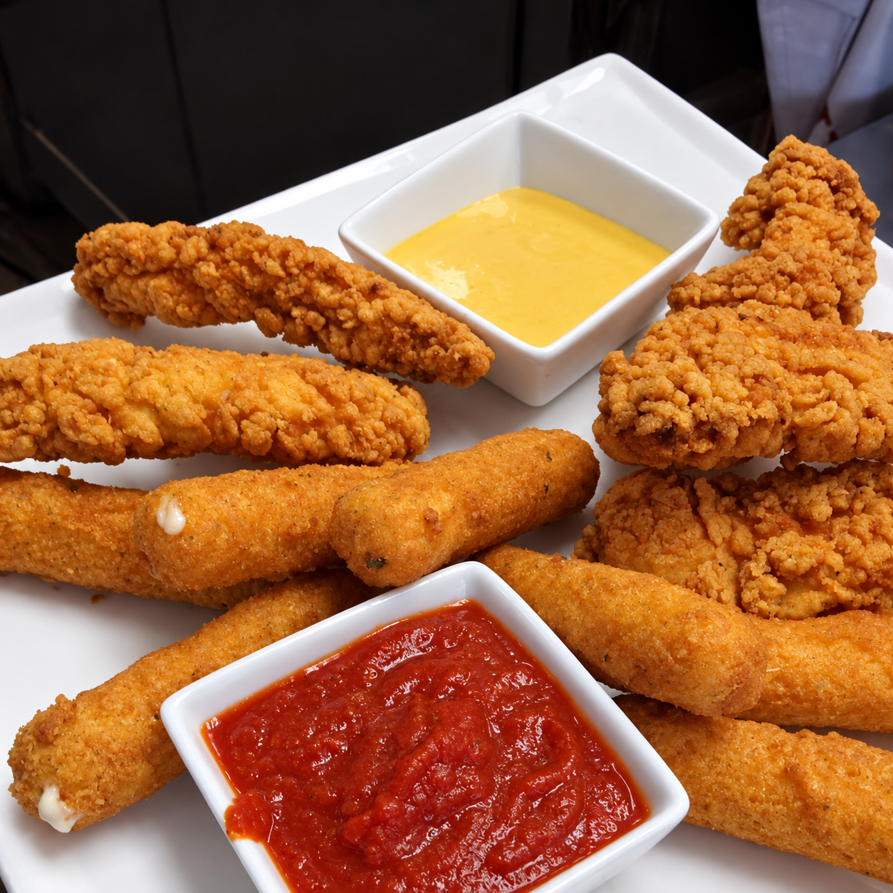 Golden fried chicken tenders and breaded sticks with dipping sauces