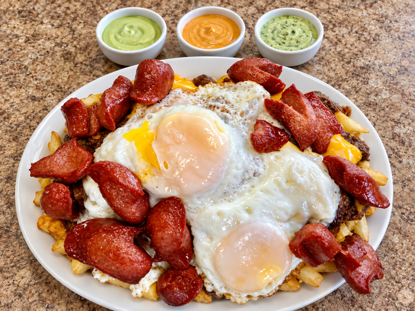 Monster salchipapa with fries, hot dogs, chili, cheese and fried eggs on a white plate, with three ceramic bowls of ají